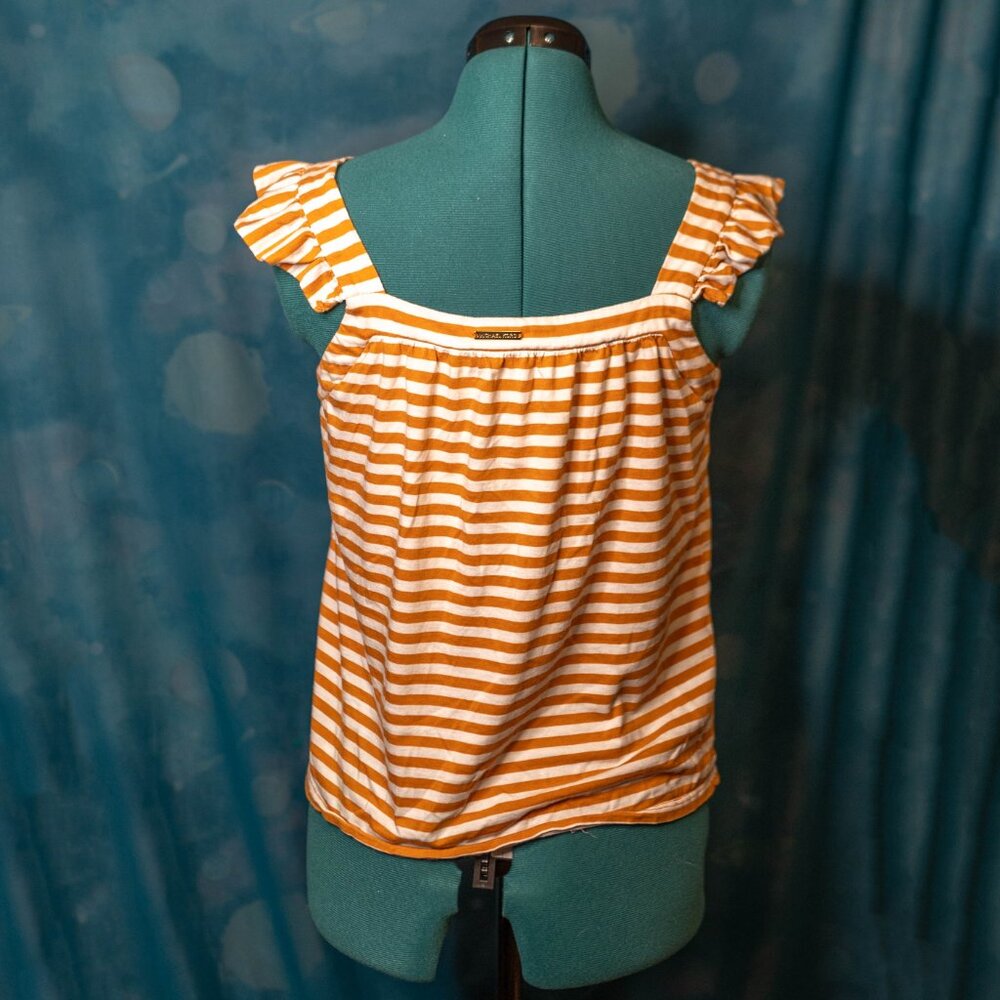 CLEARANCE Michael Kors Orange & White Striped Ruffle Sleeve Tank Top Size Small - Picture 4 of 6